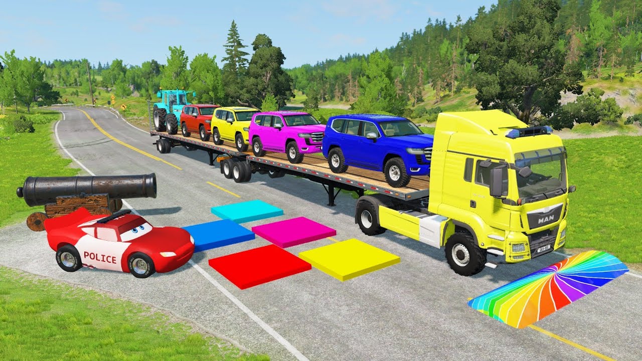 Flatbed Truck McQueen | Перевозка на грузовике — Выбоина против машины № 07 | Игровой процесс Bea...