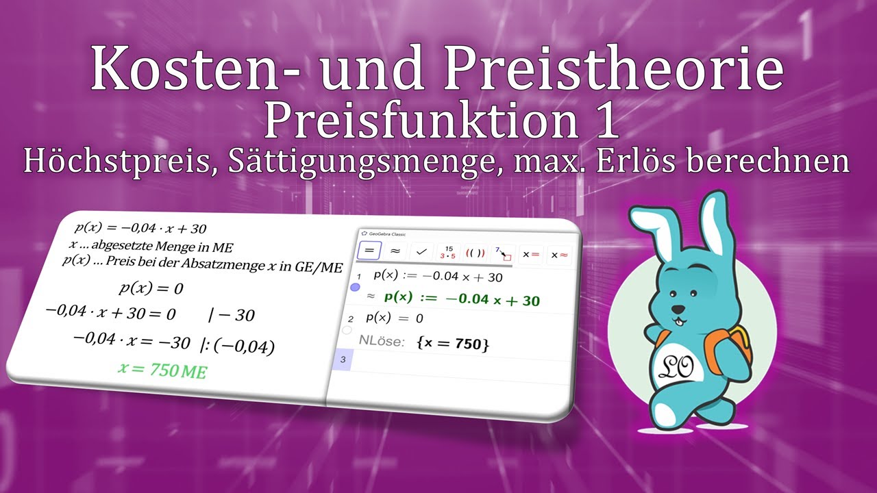 Preisfunktion 1 - H&ouml;chstpreis, S&auml;ttigungsmenge und maximalen Erl&ouml;s berechnen