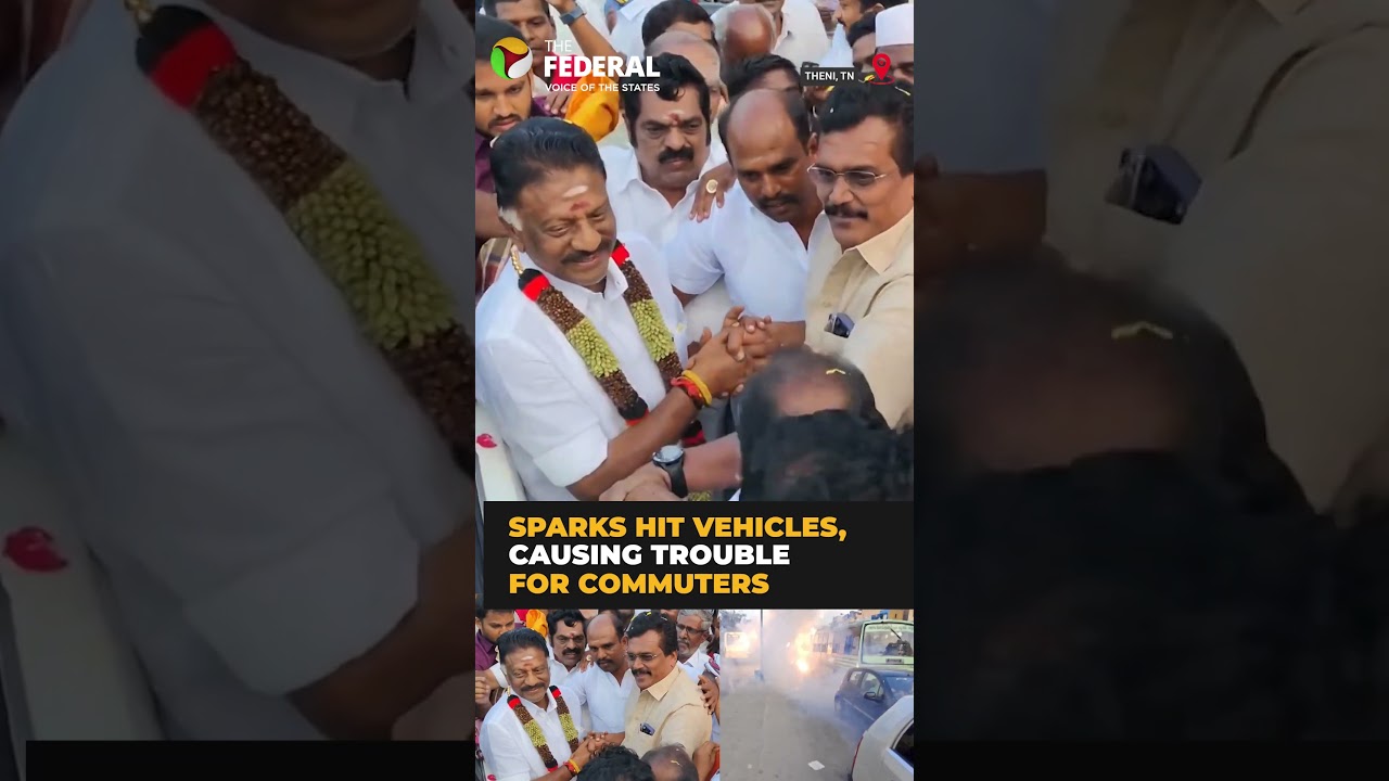 DMK cadres burst crackers during OPS event, sparks hit vehicles on road