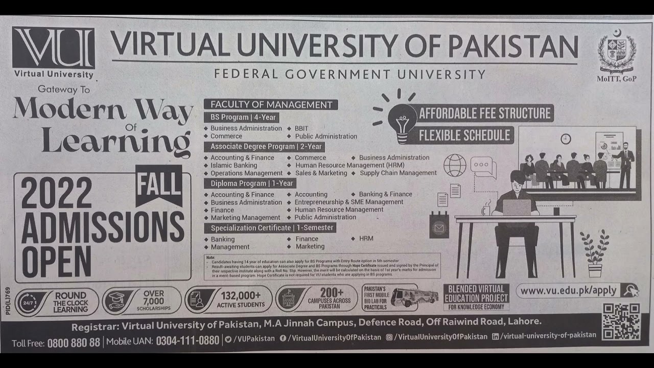 Virtual University of Pakistan Admission notice Fall 2022