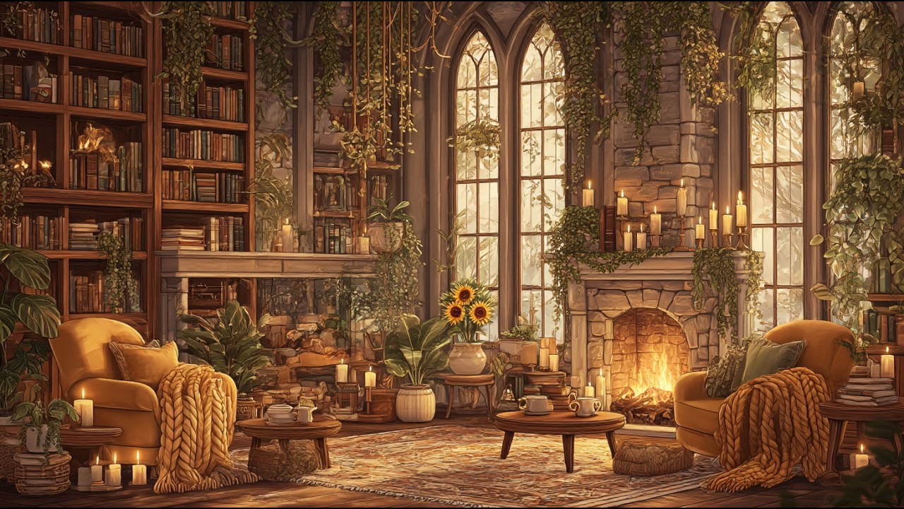 Hufflepuff-Inspired Library + Cozy Study & Gentle Focus + Warm Fireplace & Contemporary Music