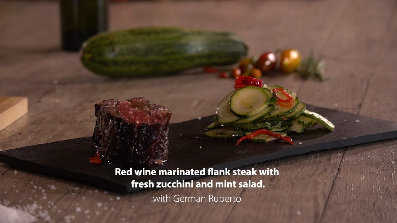 Red Wine Marinated Flank Steak with Fresh Zucchini and Mint Salad