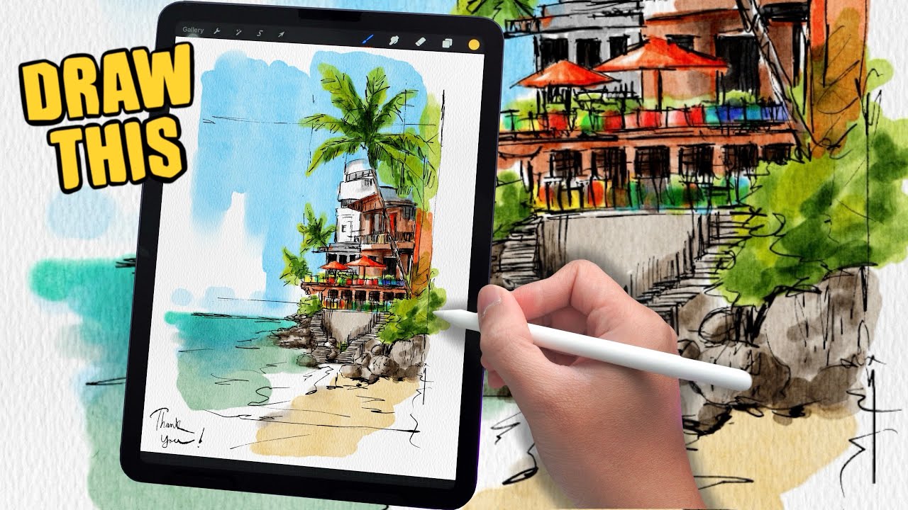 PROCREATE Landscape Drawing Tutorial - Seaside restaurant