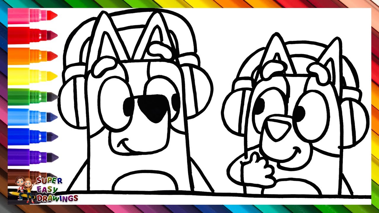 Draw and Color Bluey and Bingo Listening to Music 🐶🎧🐶🎵 Drawings for Kids