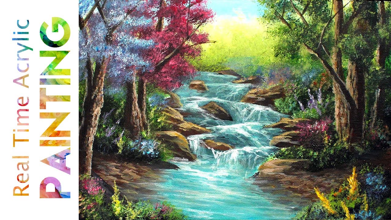 Painting a Garden with River Rapids in Real Time with Acrylics!
