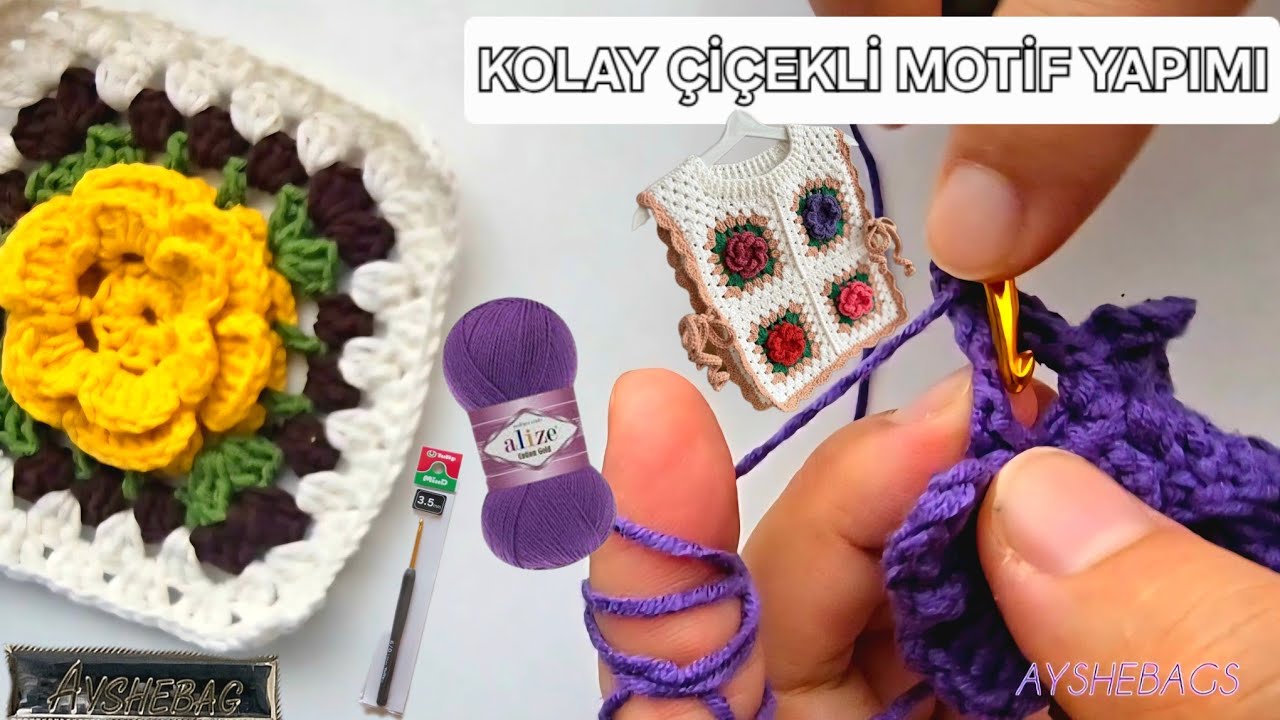3D KOLAY ÇİÇEKLİ MOTİF YAPIMI #örgü #hobi #süveter #handmade #crochet #easycrochet #tığ #fashion