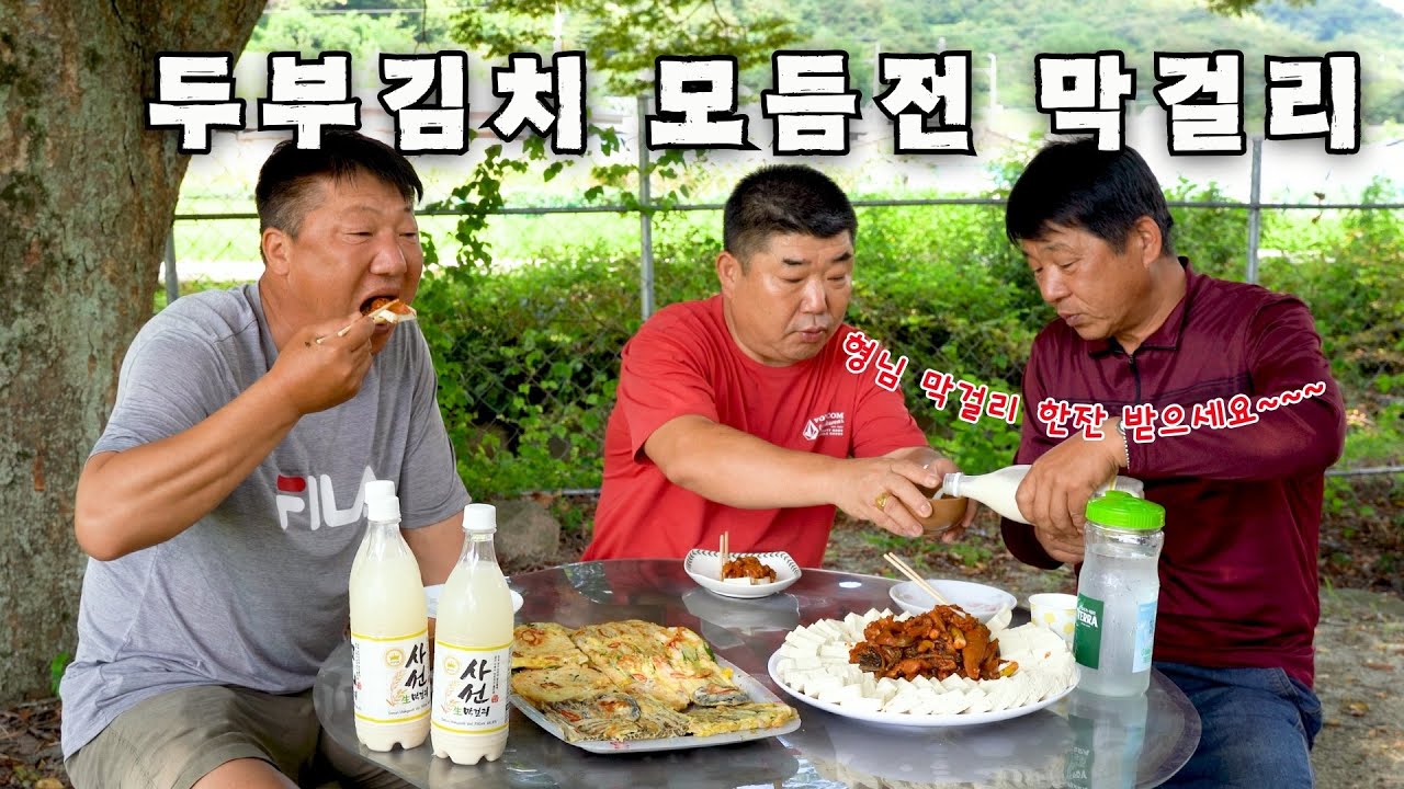 [시골먹방] 부드럽고 고소한 두부와 돼지고기 볶음 김치 모듬전에 막걸리 먹방  [Tofu with stir-fried kimchi] Mukbang