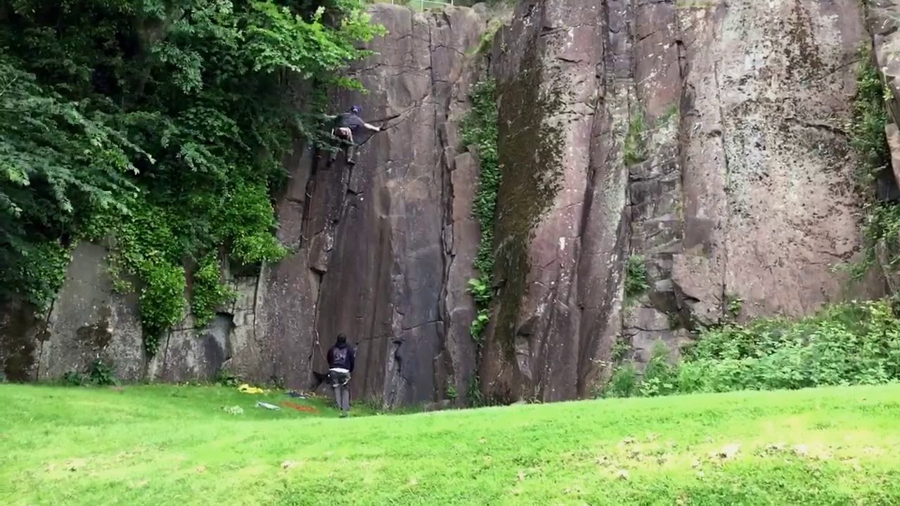 Trad climbing whipper at Auchinstarry Quarry, Scotland.