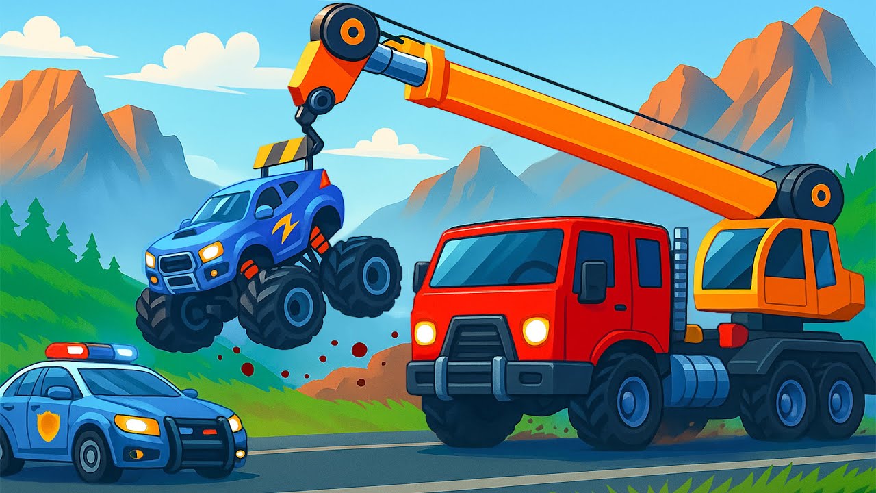 Monster Truck is going too fast - Giant crane  🚓 | The Adventure of  Police Car & friends