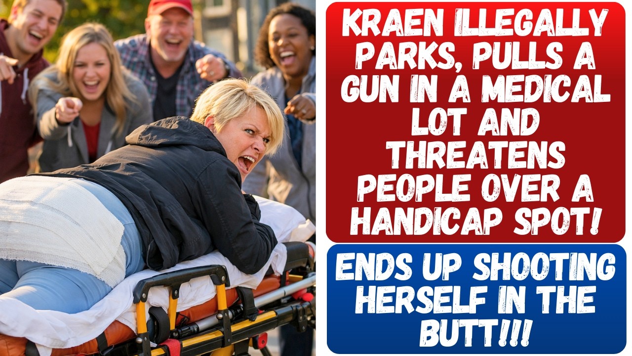 KAREN SHOOTS HERSELF IN THE A AFTER PULLING A GUN TO THREATEN PEOPLE IN A MEDICAL LOT!!!
