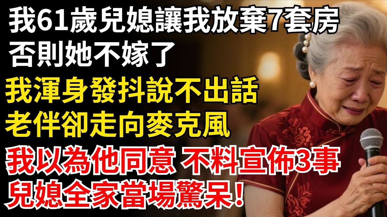 我61歲，兒媳讓我放棄7套房，否則她不嫁了，我渾身發抖說不出話，老伴卻走向麥克風，我以為他同意 不料宣布3事，兒媳全家當場驚呆！#晚年生活#中老年生活#為人處世#生活經驗#情感故事#幸福人生