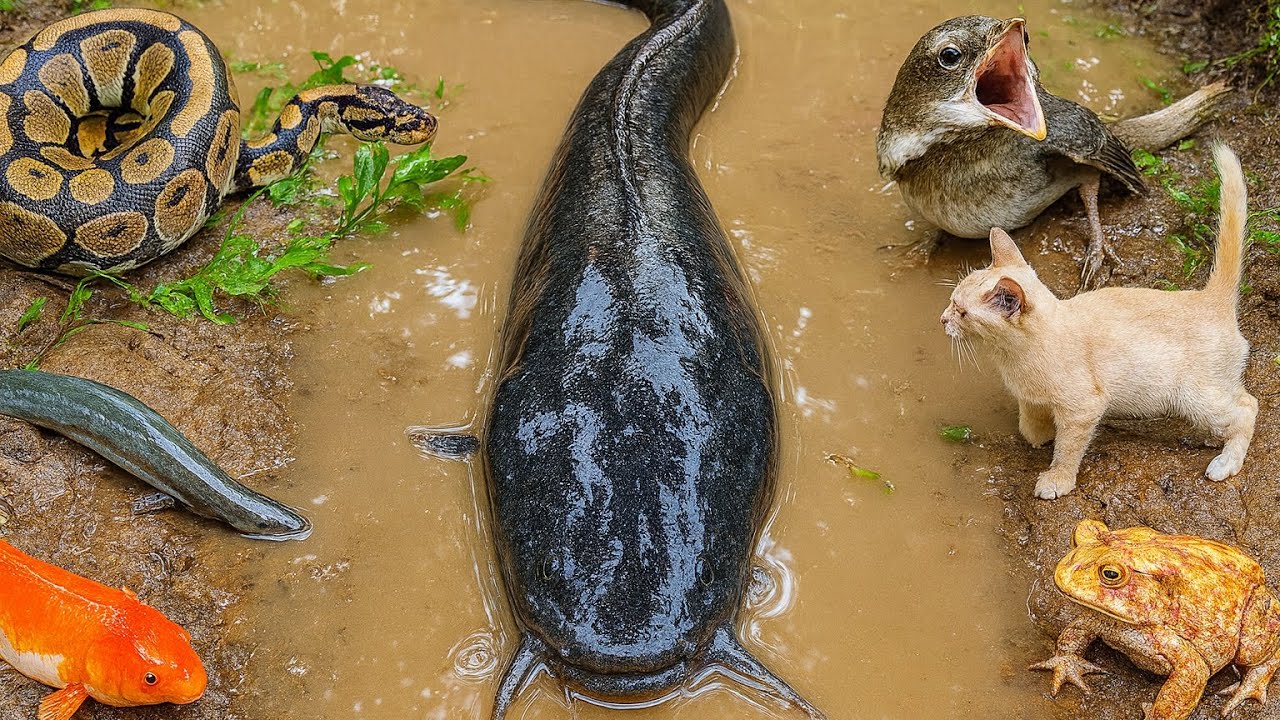 Terrifying Catch! Giant Catfish Pulled from a Hole Full of Crocodiles & Snakes