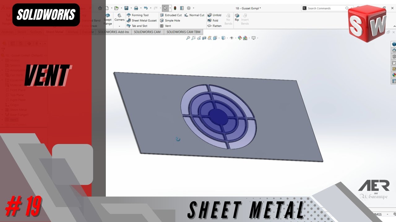 Vent | Sheet Metal | Solidworks Tutorial Stage #19 Eng - AER Int.
