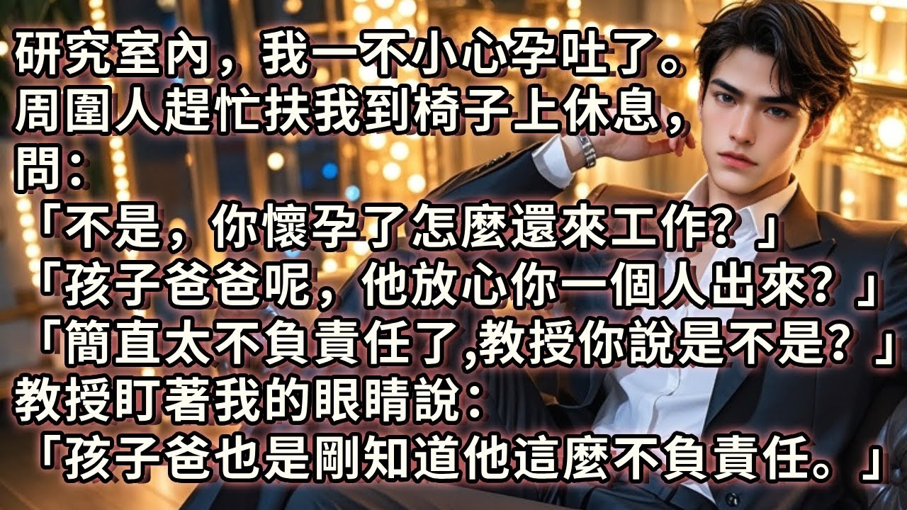 研究室內，我不小心孕吐了。周圍人趕忙關心問：「不是，你懷孕了怎麼還來工作？孩子爸爸呢，他放心你一個人出來？」「太不負責任了，教授你說是不是？」教授盯著我的眼睛說：「孩子爸爸也是剛知道他這麼不負責任。」