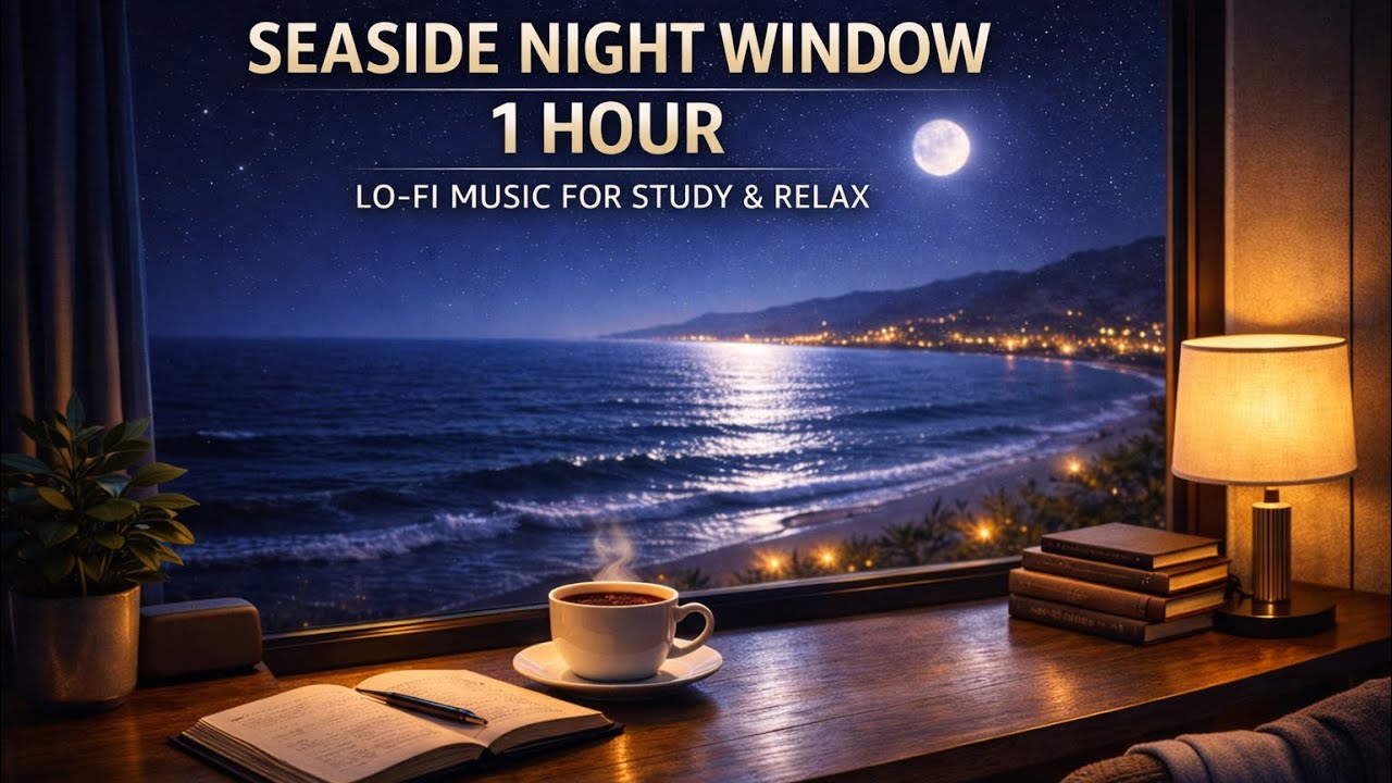 Seaside Night Window | 1 Hour Lo-Fi Music for Study & Relax | Ocean Night Ambience