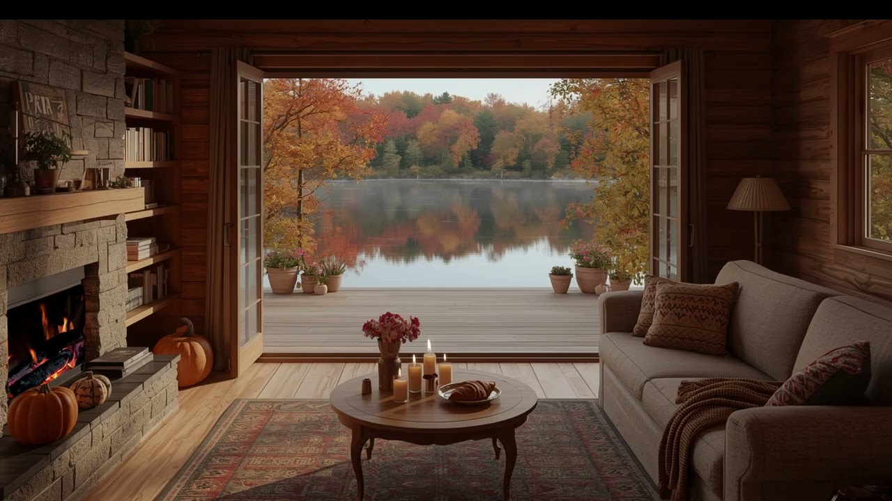 Relaxing Autumn Cabin 🍁 Fireplace, Rain & Lake Sounds for Deep Sleep