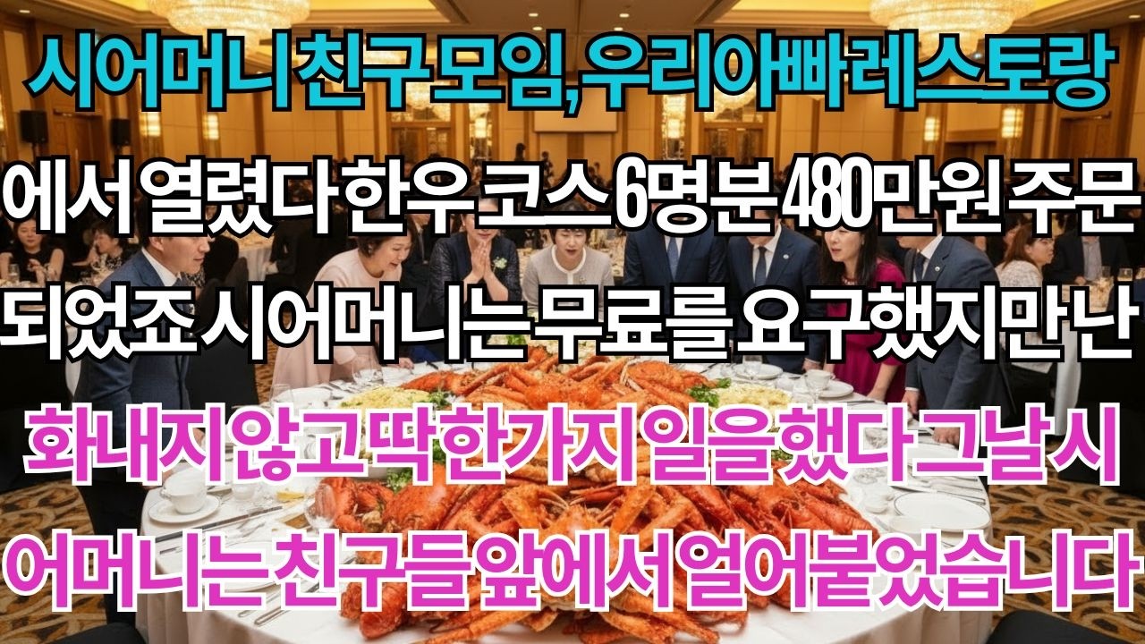 시어머니 친구 모임, 우리아빠 미슐랭 레스토랑에서 열렸다. 한우 코스 6명분 480만원 주문하고 무료를 요구했지만 전 싸우지 않고 딱 한가지 일을 했어요. 그날 시어머니는...