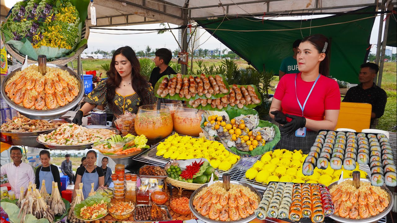 Amazing evening street food, Cambodian street food, water festival