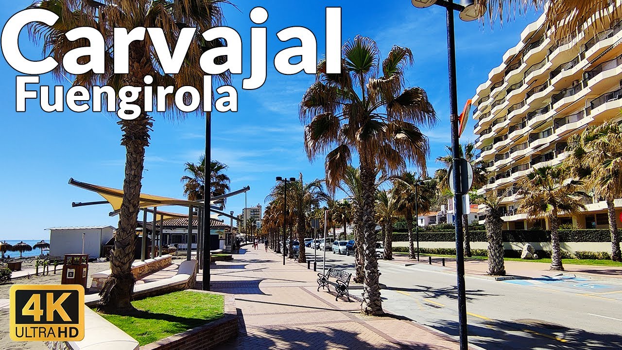 Walking Tour of Carvajal Beach, Fuengirola in March 2023 (4K Ultra HD, 60fps)