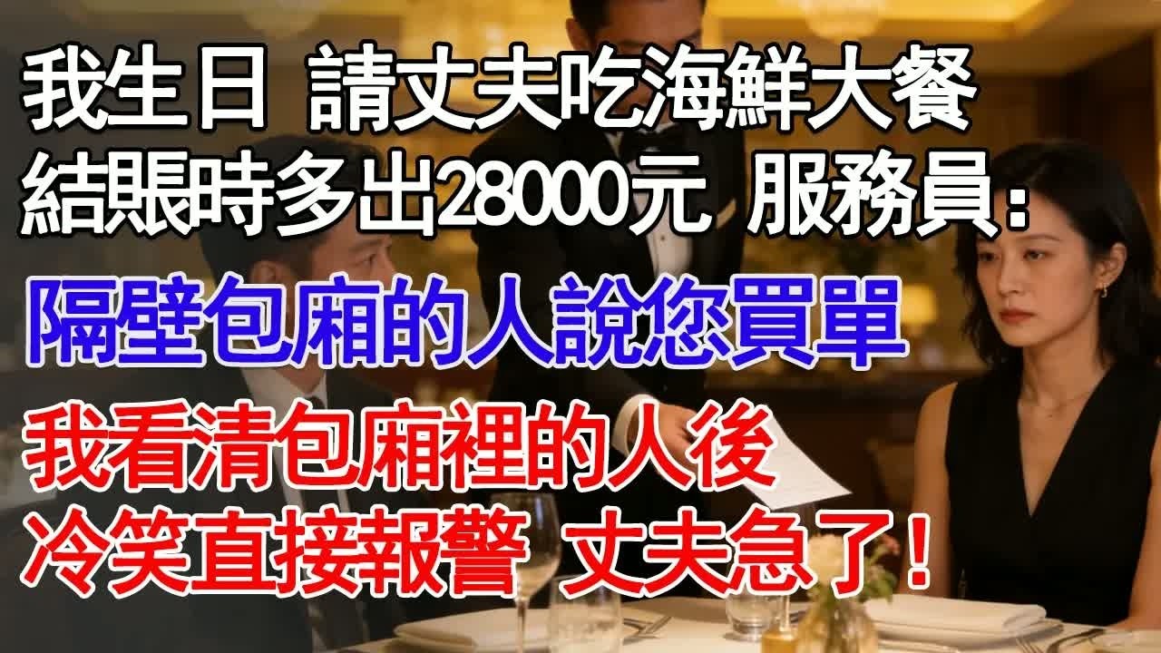 我生日 請丈夫吃海鮮大餐結賬時多出28000元 服務員：隔壁包廂的人說您買單我看清包廂裡的人後冷笑直接報警 丈夫急了！#故事分享 #人生感悟 #情感#為人處世