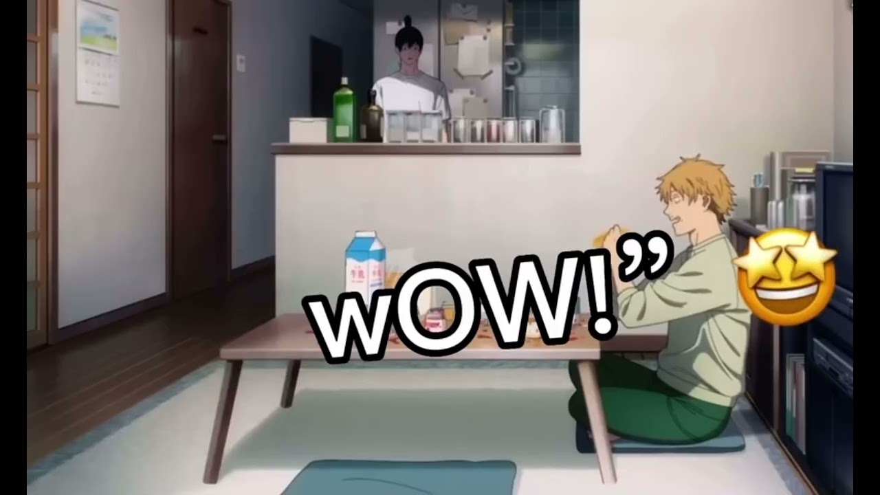 Denji tries to eat the toast with jam and butter