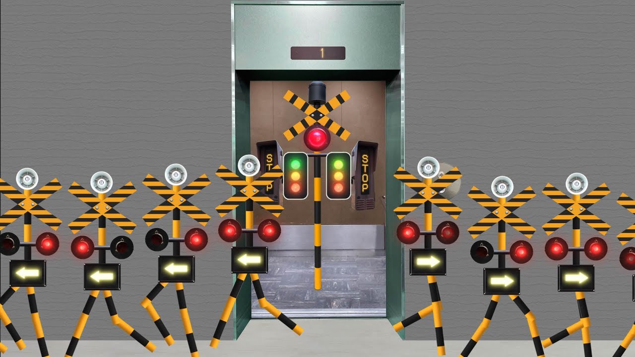 エレベーターの扉が開いて踏切がカンカン