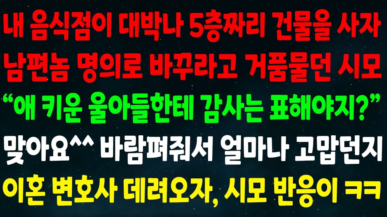 (반전신청사연) 내 음식점이 대박나 5층짜리 건물을 사자 남편 명의로 바꾸란 시모 