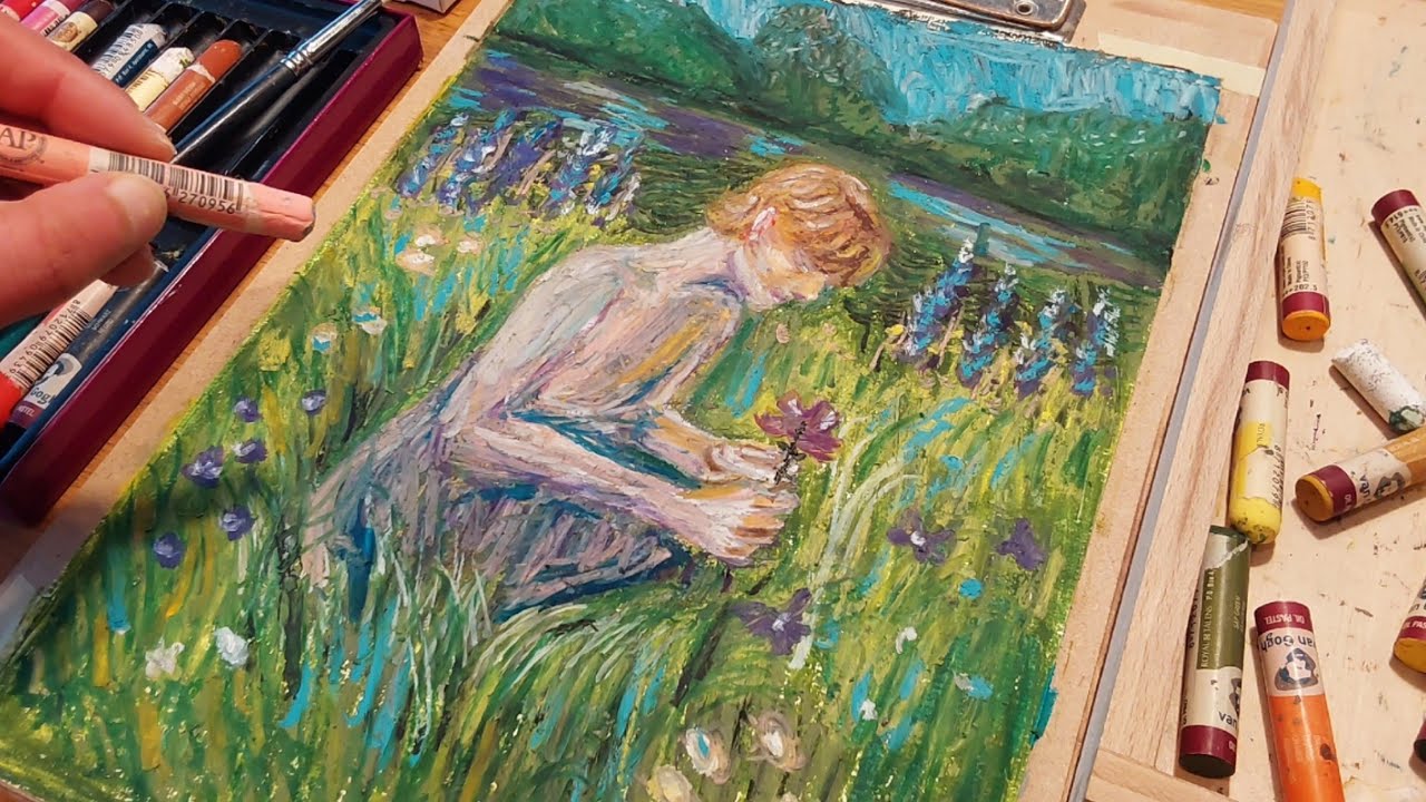 Импрессионистская сцена, выполненная масляными пастелями: текстура и техника многослойного нанесе...