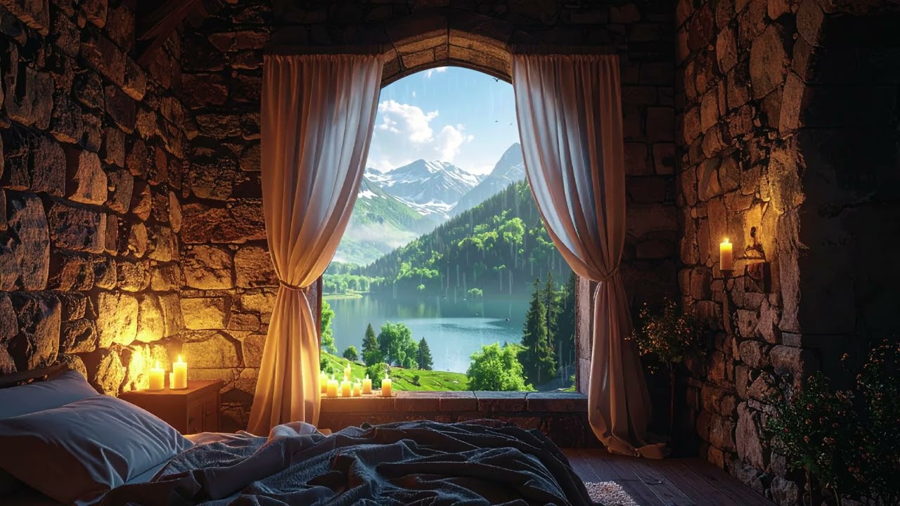 Peaceful Spring Lake from a Medieval Castle 🌿 | Green Meadows, Mountains & Gentle Rain