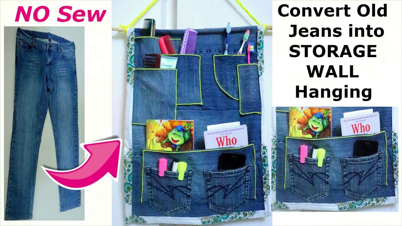 NO Sew DIY : Convert Old Jeans into Multipurpose Wall hanging holder | Diy Denim Storage Organizer