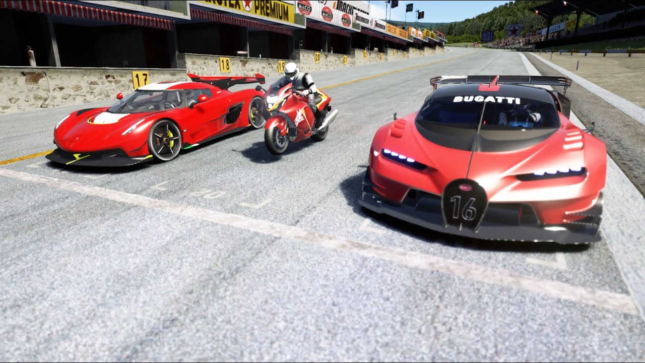 Suzuki Hayabusa vs Bugatti Vision GT vs Koenigsegg Jesko at Old Spa