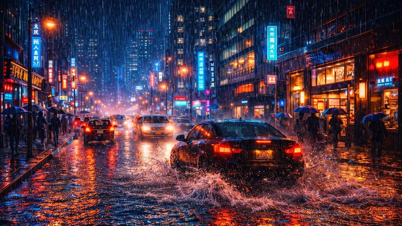 Neon City Rain at Night 🌧️🌃 Busy Street Rain & Car Splashes for Deep Sleep & Relaxation