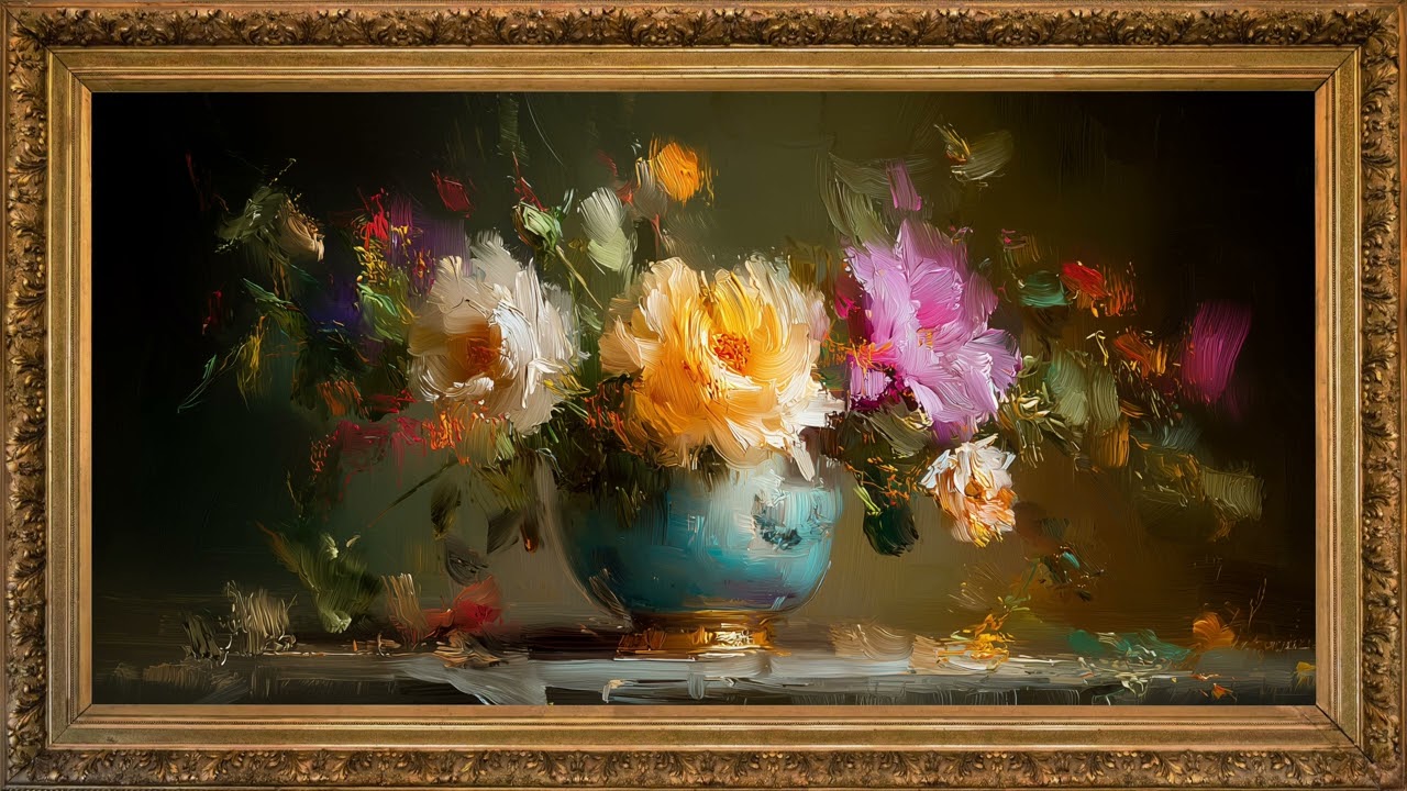 Vintage floral frame tv art | 2 hours oil painting screensaver 4K | Music