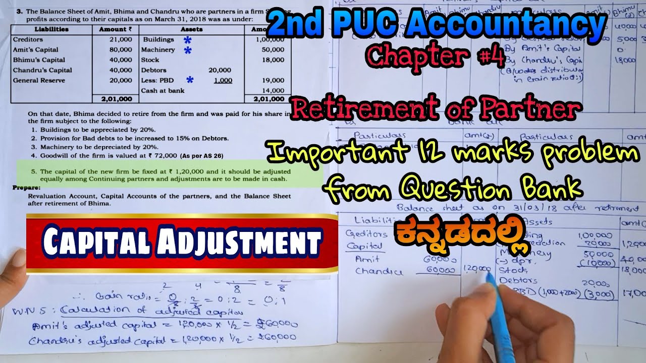 12 marks Capital adjustment problem on Retirement with easy explanation| 2nd PU Accounts in Kannada