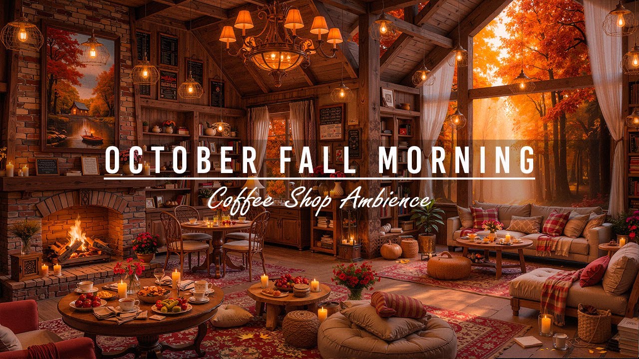 Calm October Fall Morning at Cozy Coffee Shop🍂Soft Piano Jazz Background Music to Work,Great Mood