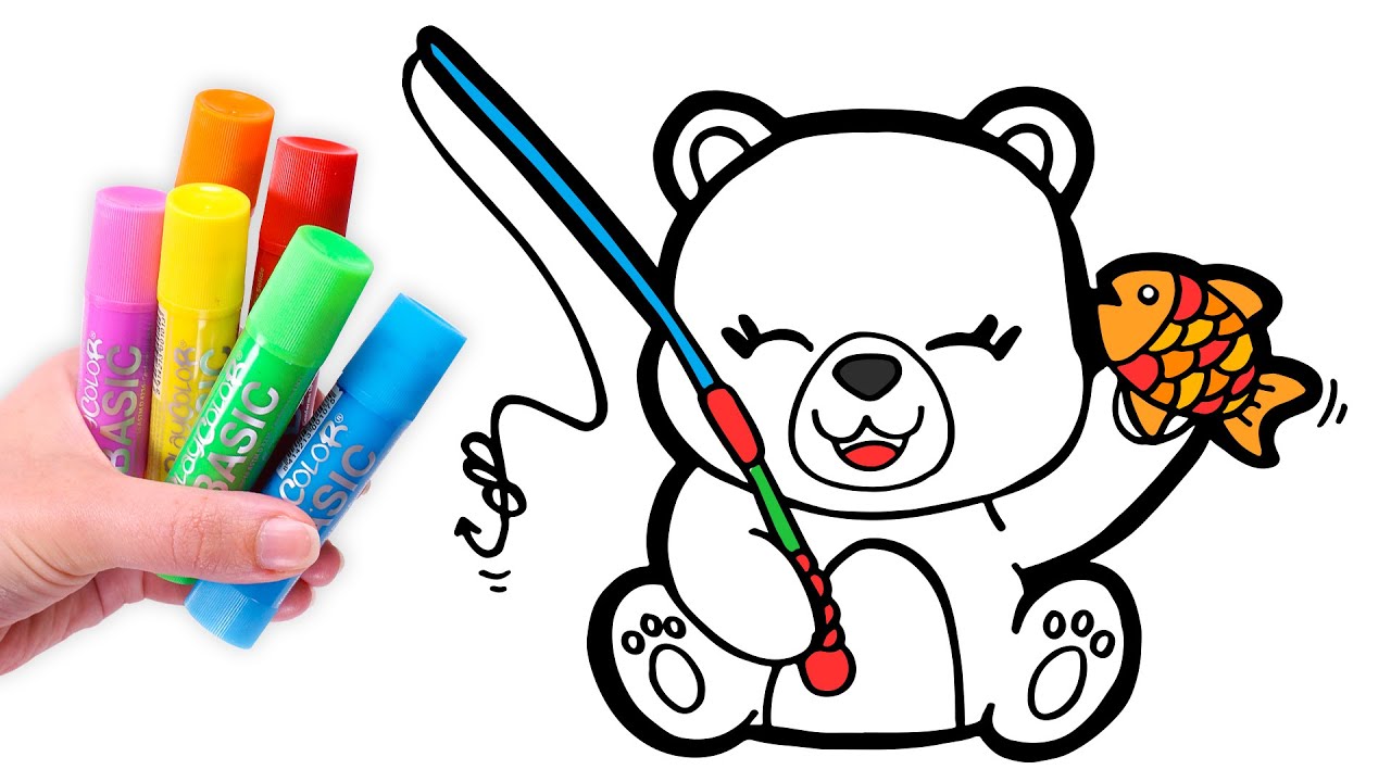 Colorea un OSO POLAR kawaii pescando 🐻‍❄️🌈🎣 Dibujos para niños