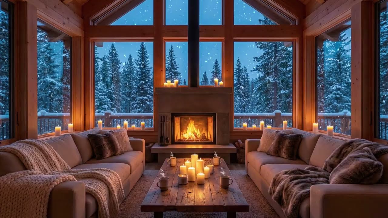 Warm Fireplace in a Snowy Wood Cabin 🕯️❄️ Cozy Winter Night Ambience for Rest & Relaxation