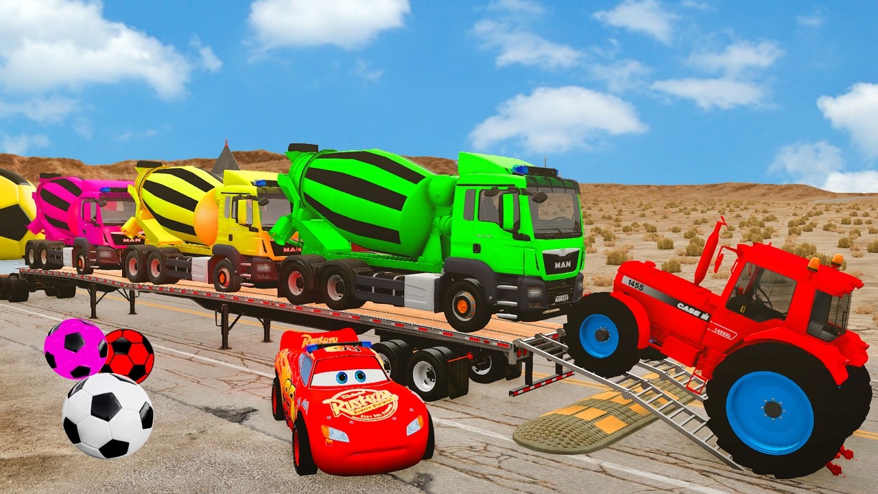 Five Flatbed Trailer McQueen Transportation with Truck - Speedbumps vs Cars vs Train - BeamNG