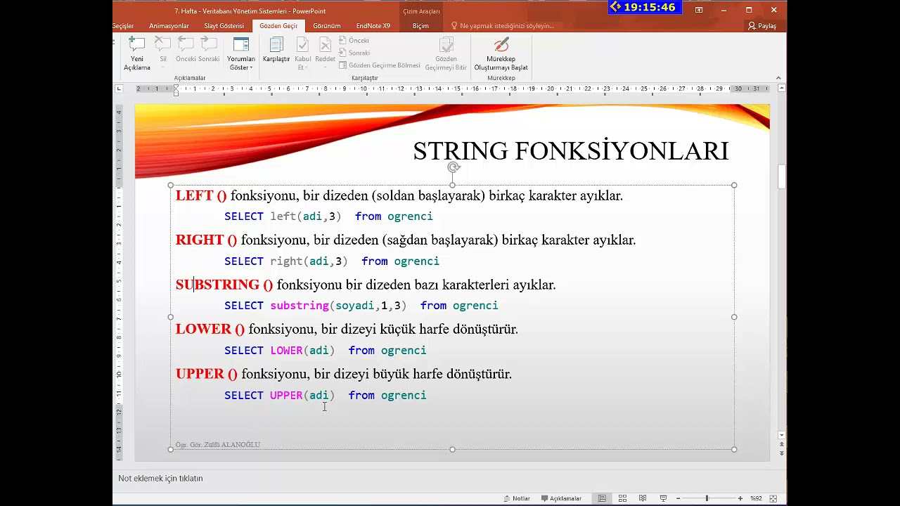 Veri Tabanı ve Yönetimi - SQL Server -1- Hazır Fonksiyonlar / String Fonksiyonlar