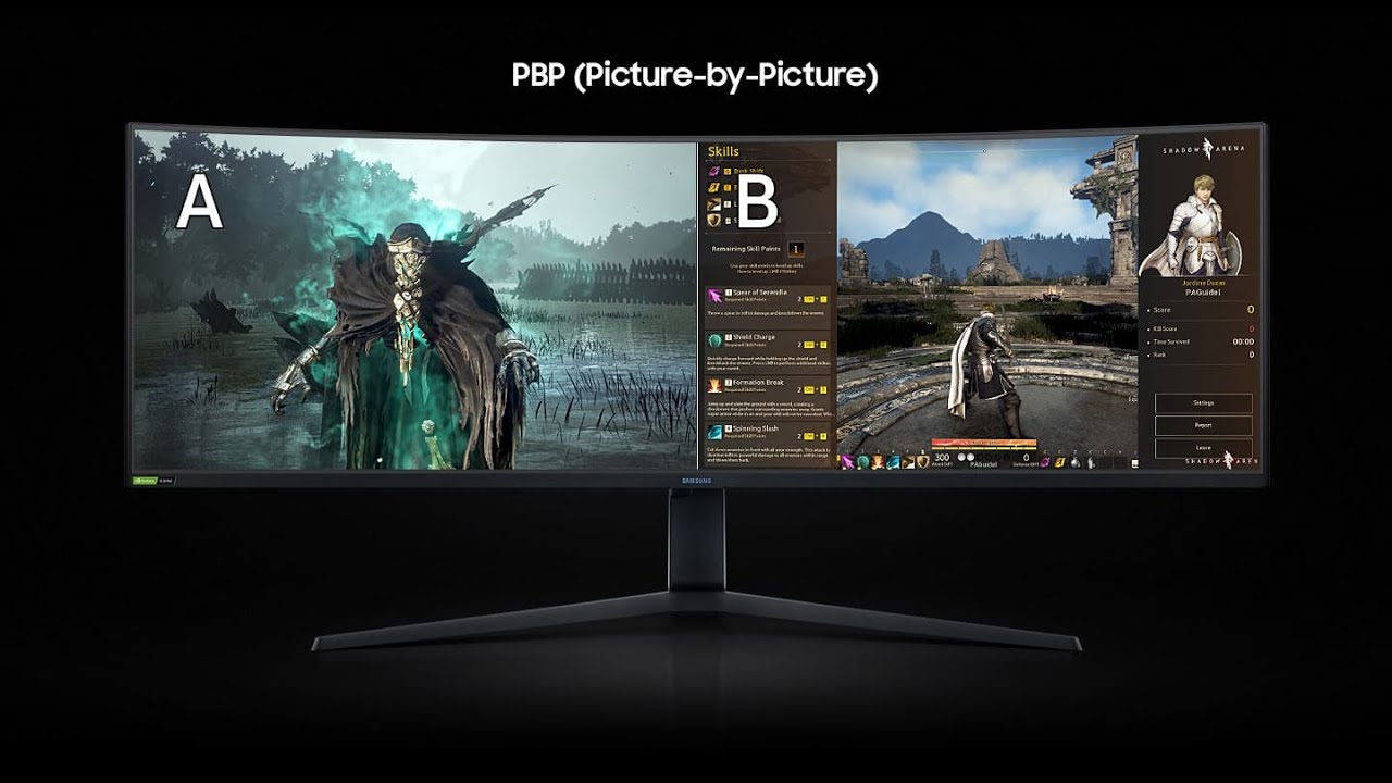 Samsung G9 49 дюймов, режим «картинка в картинке», совместимость с Playstation 5 и игровой ноутбук.