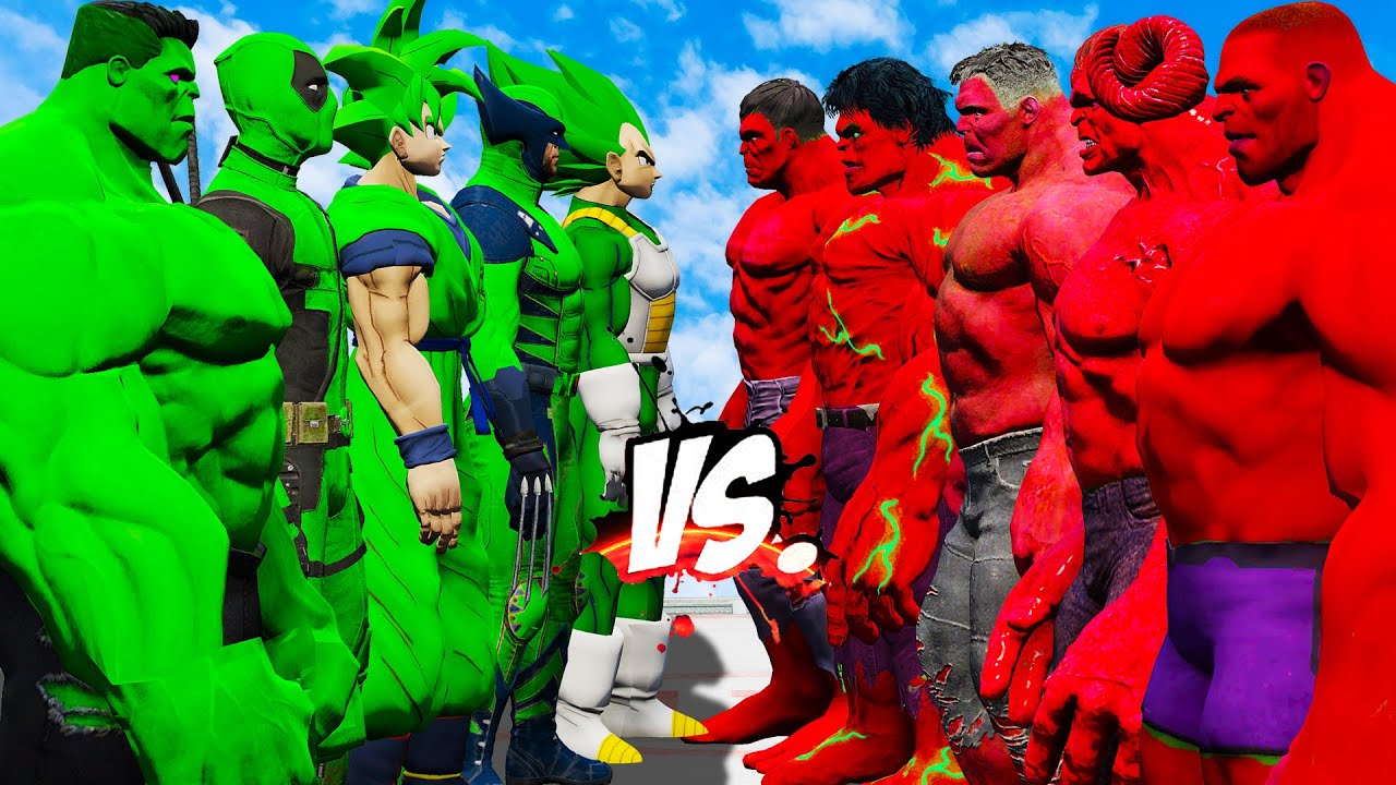 TEAM RED HULK vs TEAM GREEN (HULK, DEADPOOL, GOKU, WOLVERINE, VEGETA) - EPIC SUPERHEROES WAR