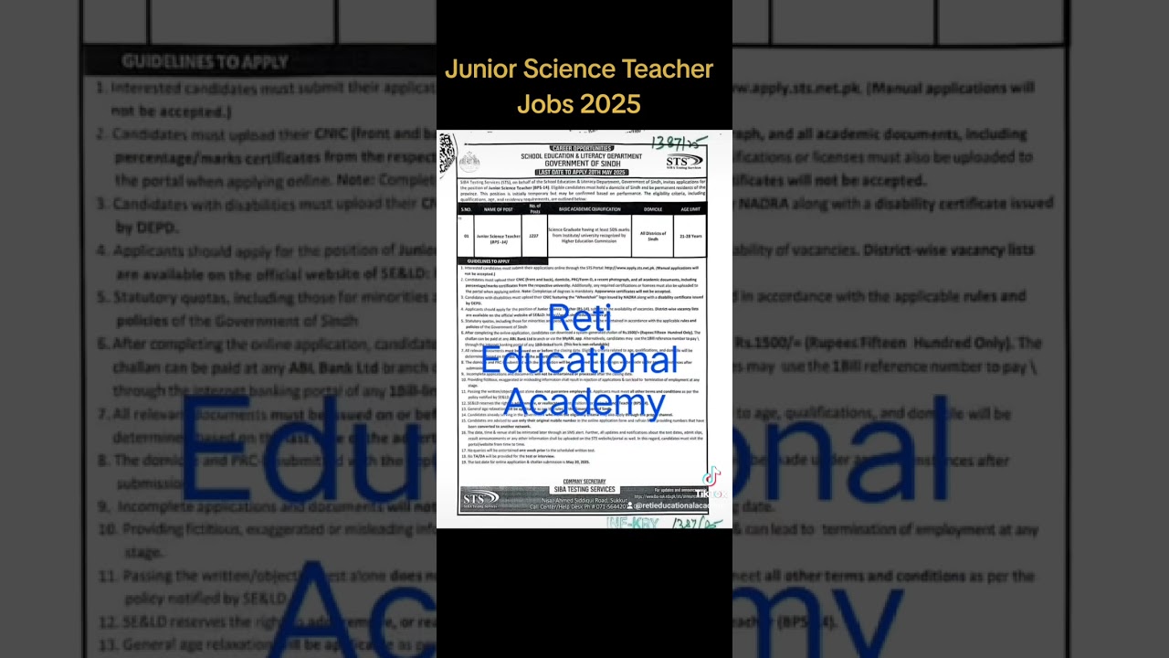 Junior Science Teacher BPS-14 Jobs in Sindh Government 2025 Eligibility Criteria