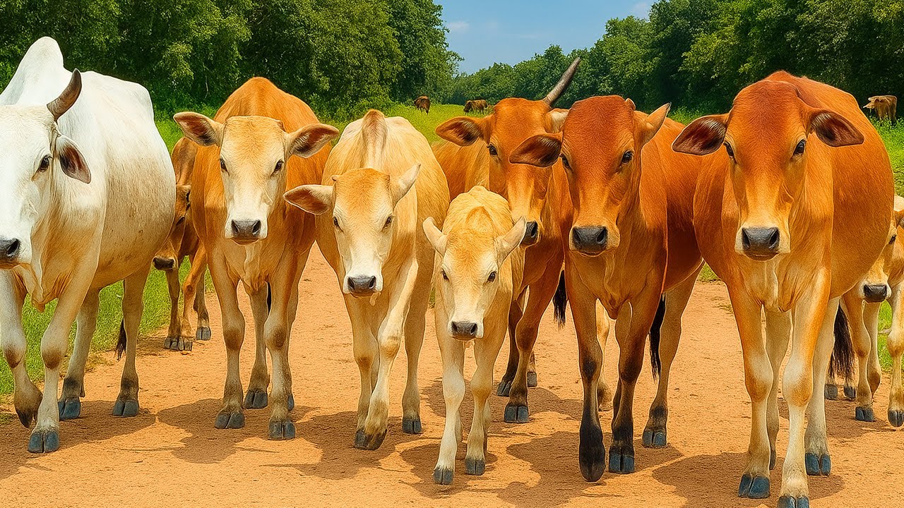 Ratusan Sapi Sedang Lari Menuju Kandang Peternakan - Sapi Jinak Berkembang Dan Bermain Di Sawah