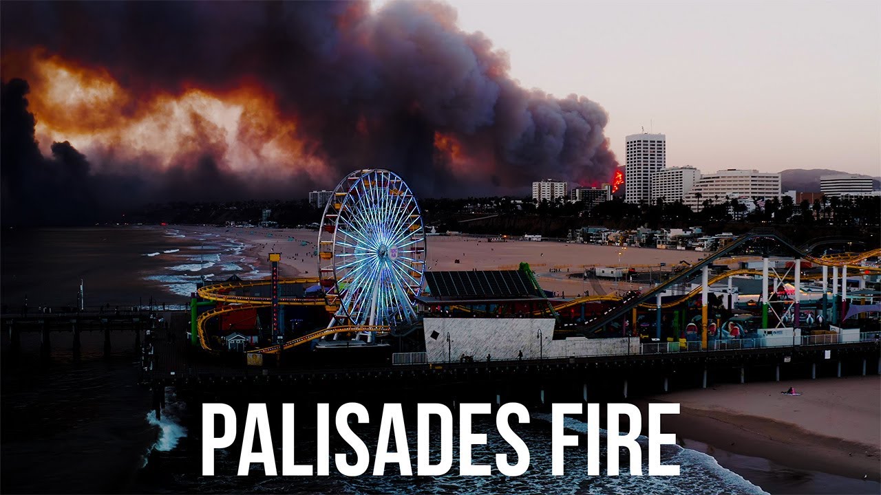 Palisades Fire Behind Santa Monica Pier, January 2025 | 4K Aerial Footage