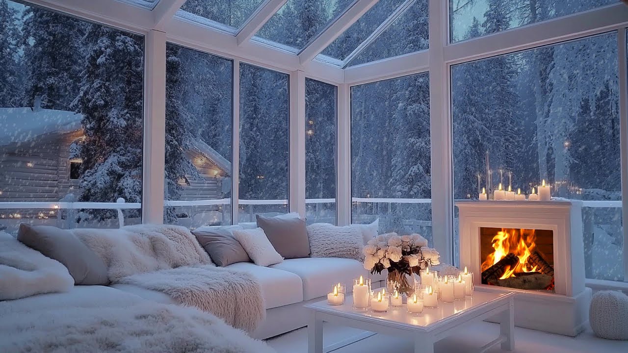 ❄️🎹 Luxurious Winter Piano Lounge | Snow Drifting, Fireplace Light & Flowers | Deep Focus Study Calm