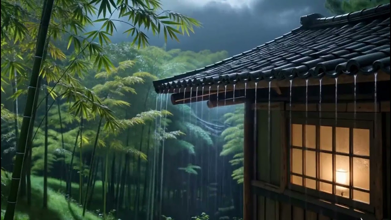 Night Rain in Bamboo Forest Cabin – Pure Rain Ambience for Stress Relief & Sleep#ambientsounds