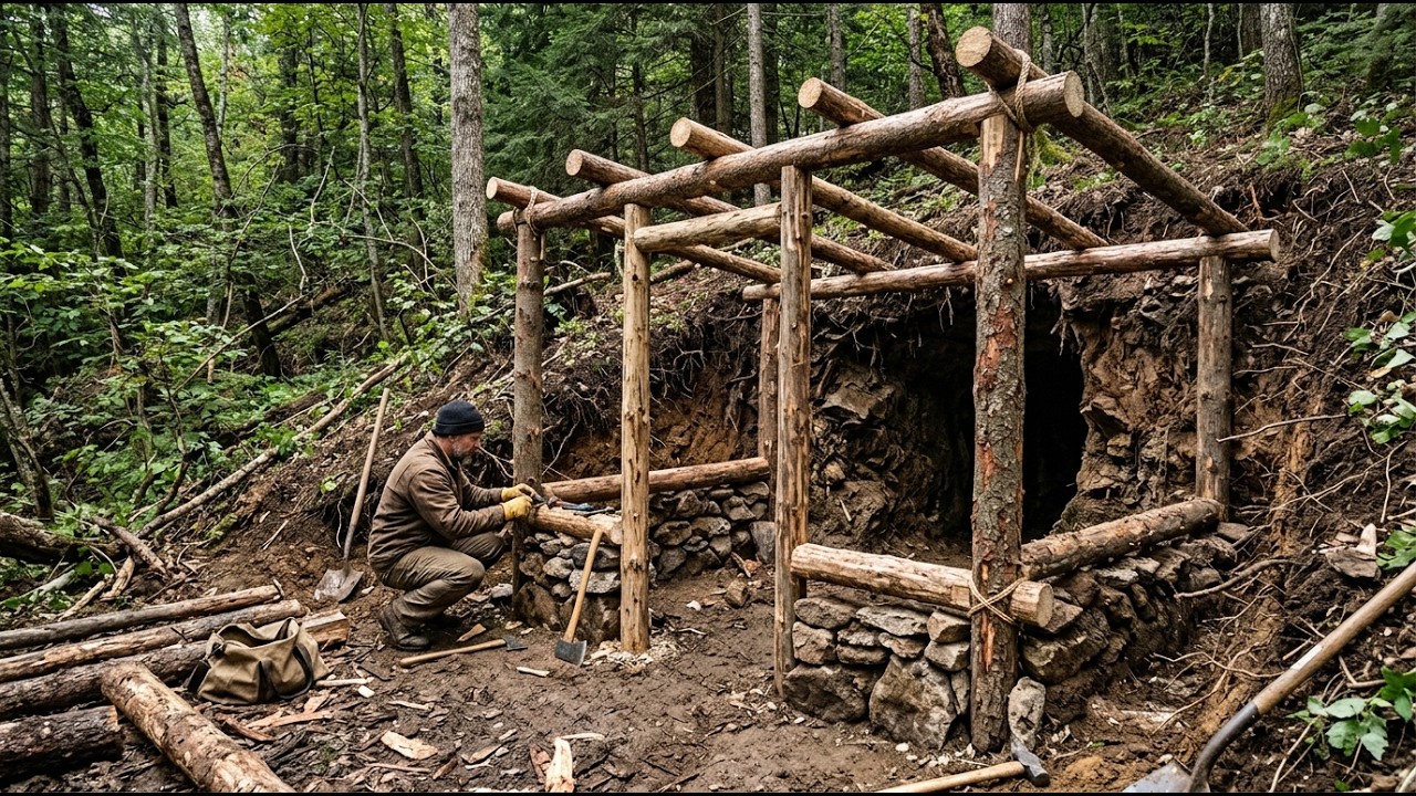 Hidden Hillside Dugout Shelter Built Into a Forest Hillside With Stone and Logs  Full Build