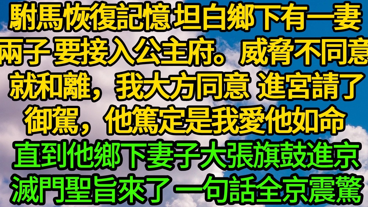 駙馬恢復記憶 坦白他在鄉下有一妻兩子 要接入公主府。威脅我不同意 就和離，我大方同意 進宮請了御駕，他篤定是我愛他如命。直到他鄉下妻子大張旗鼓進京 滅門聖旨來了 一句話全京震驚