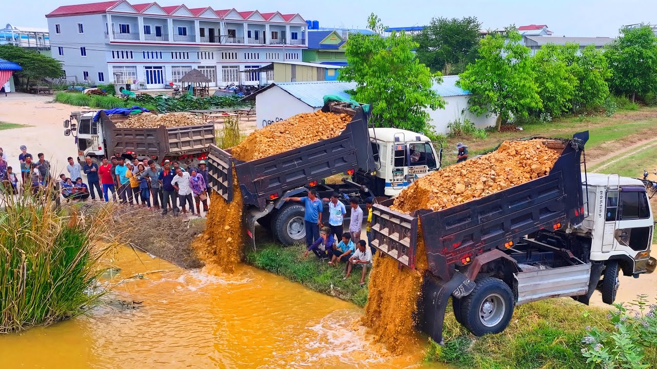Incredible full project Nice skill Bulldozer push soil ,water with truck delivery stone soil unload
