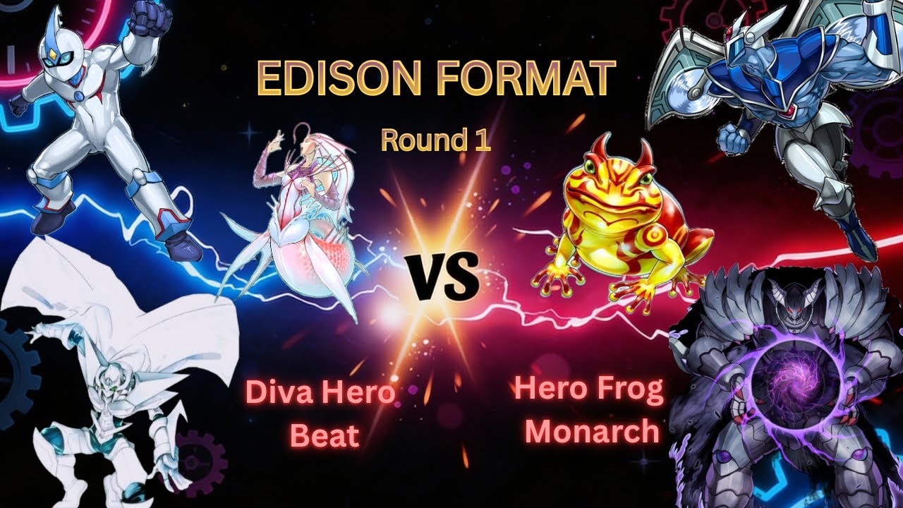 RAW Yugioh! Edison Format 23 players! Round 1 Cameron (Diva Hero Beat) vs Mario (Hero Frog Monarch) 